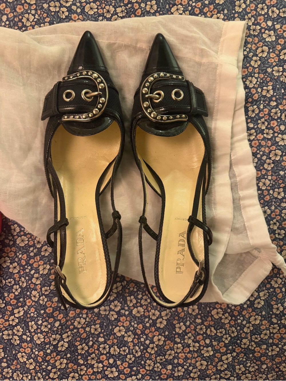 Vintage Prada Black Pointed Leather Slingback kitten heels with Buckle Detail